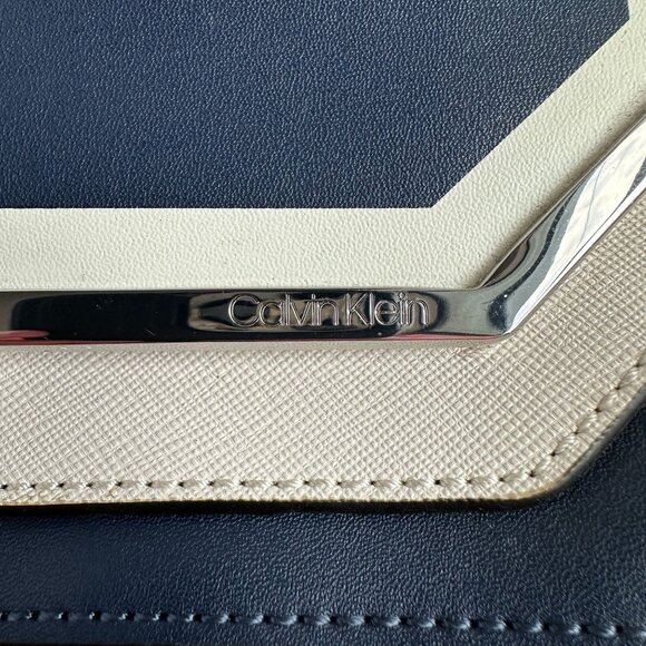 Calvin Klein Tessie Small Crossbody Navy Combo Split Leather Flap Bag - Picture 3 of 11